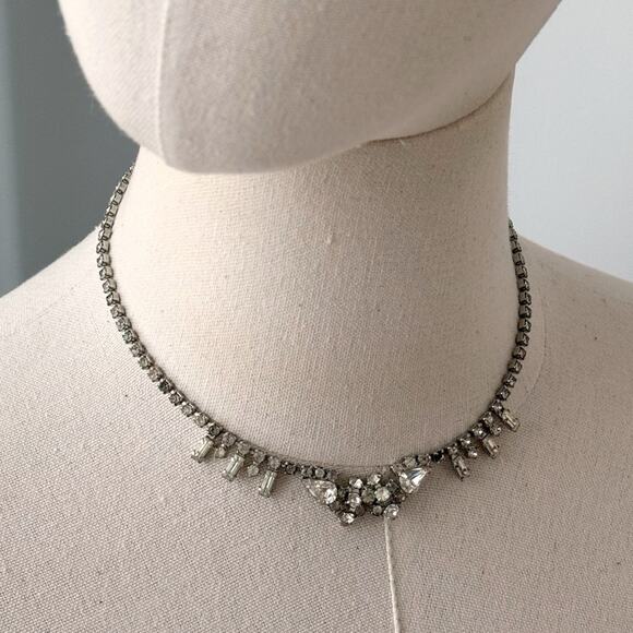 Vintage Silver Tone Estate Sparkly Clear Crystal Rhinestone Short Necklace 16” - Picture 1 of 5